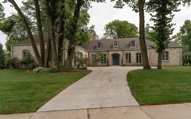 french country style house with concrete driveway, a chimney, brick siding, and a front lawn