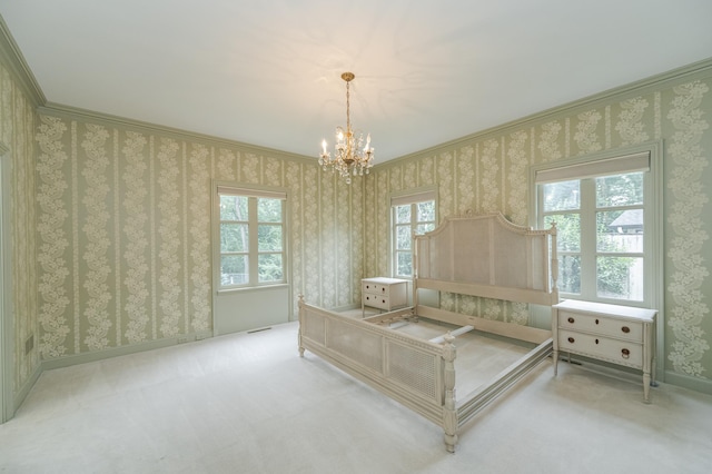 carpeted bedroom with baseboards, a chandelier, visible vents, and wallpapered walls