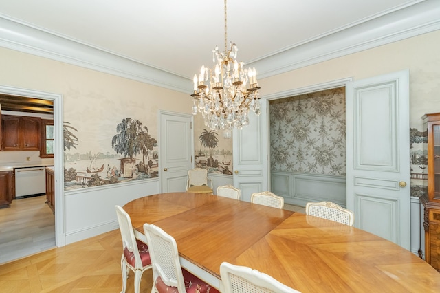 910 Folwell Dr SW, Rochester, MN 55902 - dining room with ornamental molding, a notable chandelier, and wainscoting