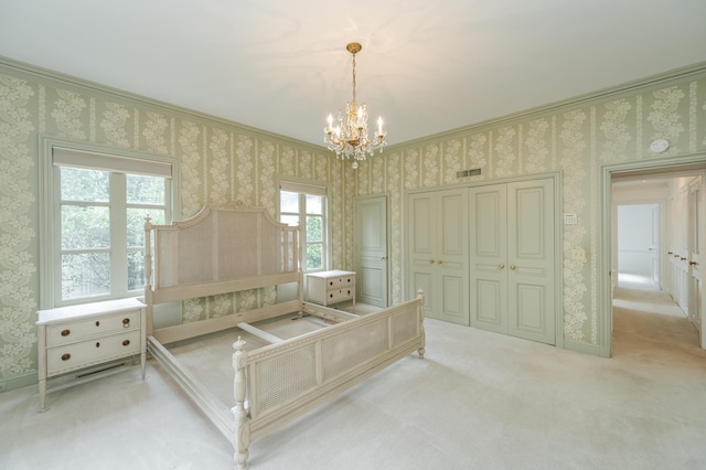 910 Folwell Dr SW, Rochester, MN 55902 - unfurnished bedroom with light carpet, wallpapered walls, and a notable chandelier