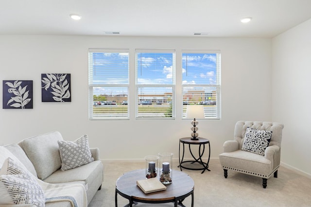 living area featuring a wealth of natural light and carpet flooring