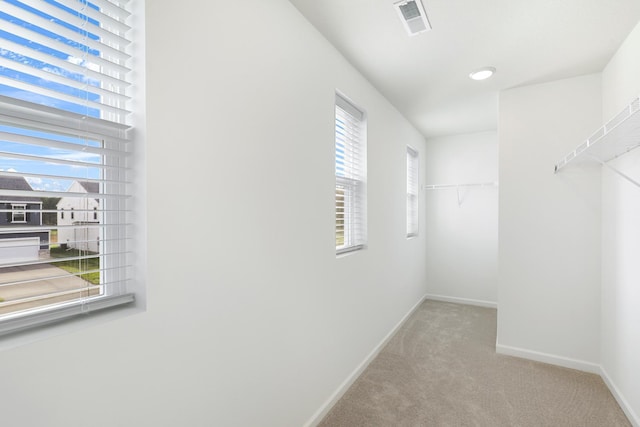 walk in closet with light colored carpet