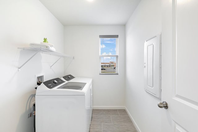 washroom with electric panel and washing machine and clothes dryer