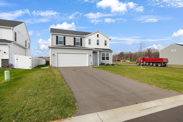 front of property featuring central AC, a garage, and a front yard