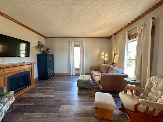 living room featuring dark wood-type flooring, plenty of natural light, ornamental molding, and a textured ceiling