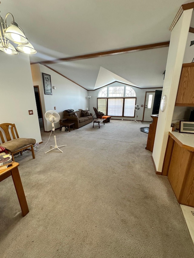 living room with lofted ceiling and light colored carpet