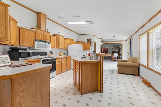 59001 County Highway 8, Sebeka, MN 56477 - kitchen with white appliances, ornamental molding, light flooring, light countertops, and open floor plan
