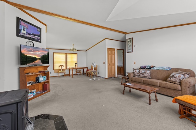 59001 County Highway 8, Sebeka, MN 56477 - carpeted living area with lofted ceiling, ornamental molding, baseboards, a chandelier, and a wood stove