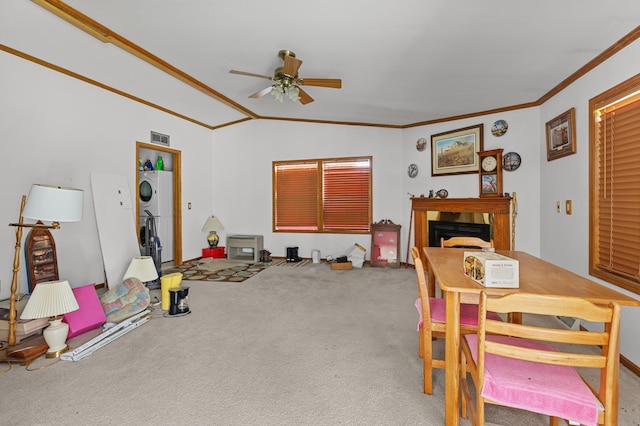 59001 County Highway 8, Sebeka, MN 56477 - dining room featuring crown molding, ceiling fan, carpet flooring, a fireplace, and lofted ceiling