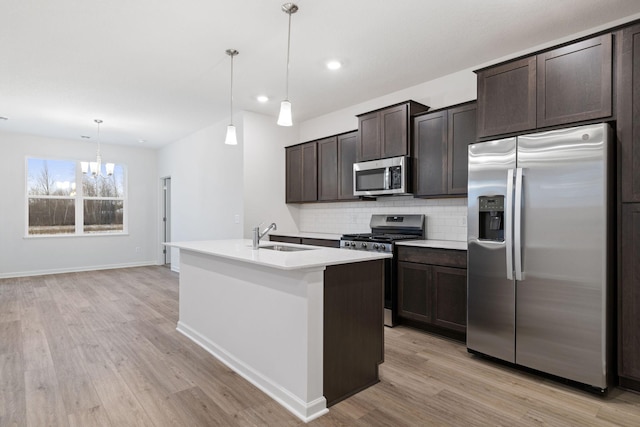 kitchen with appliances with stainless steel finishes, pendant lighting, sink, a kitchen island with sink, and dark brown cabinets