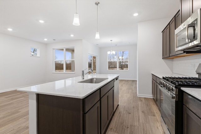 kitchen with sink, stainless steel appliances, light stone counters, a center island with sink, and decorative backsplash