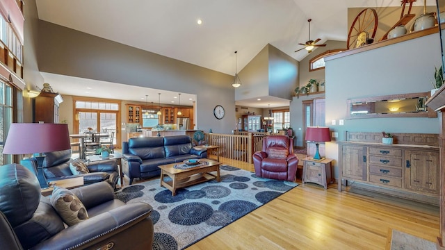 living room featuring plenty of natural light, high vaulted ceiling, and light hardwood / wood-style floors