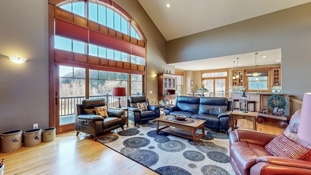 living room featuring high vaulted ceiling and light wood-type flooring