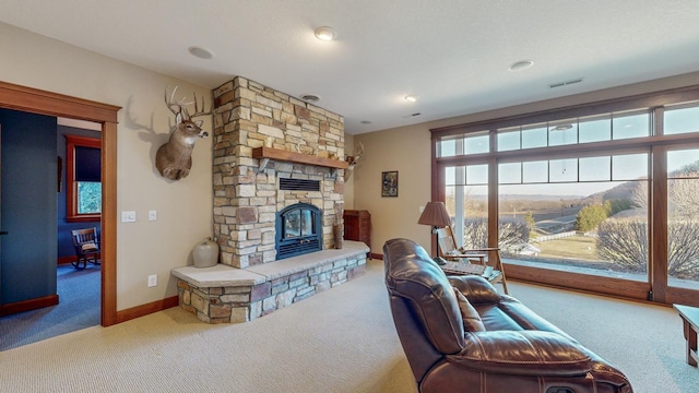 living room with a stone fireplace and carpet