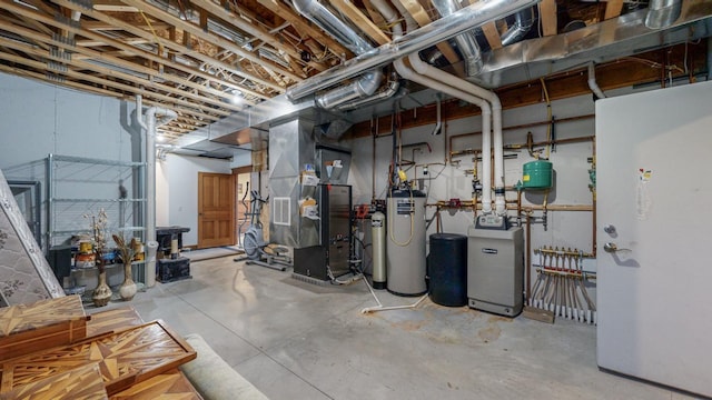 basement with heating unit and water heater