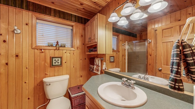 bathroom with wood walls, vanity, an enclosed shower, wood ceiling, and toilet