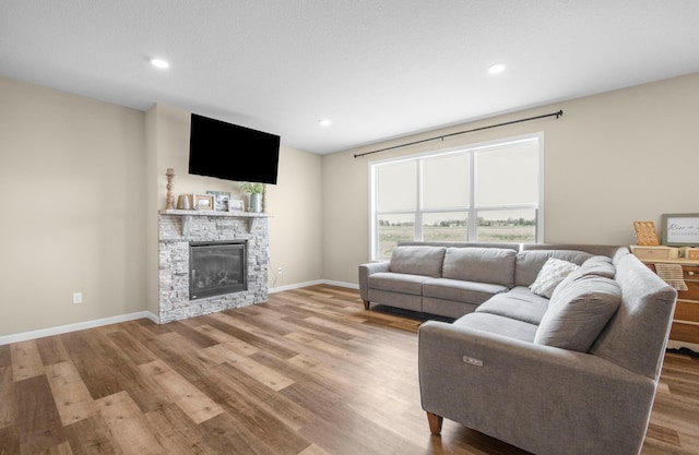 living room with a stone fireplace and wood-type flooring