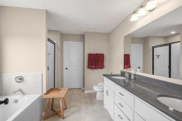 full bathroom featuring toilet, tile patterned floors, shower with separate bathtub, and vanity