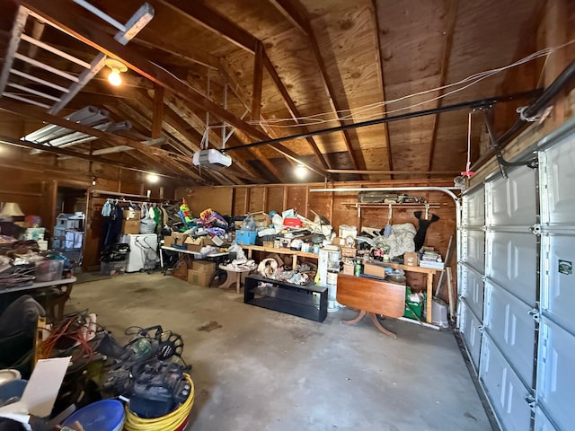 garage with a workshop area