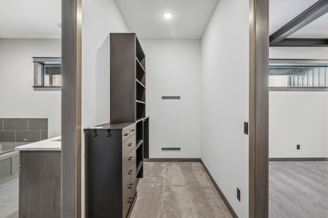 walk in closet featuring light colored carpet