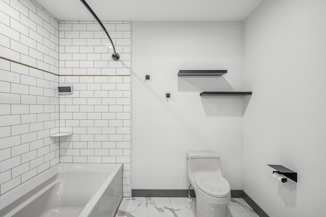 full bathroom featuring marble finish floor, baseboards, toilet, and shower / bathtub combination