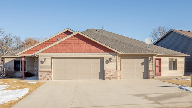 view of front of house with a garage, brick siding, concrete driveway, and a shingled roof
