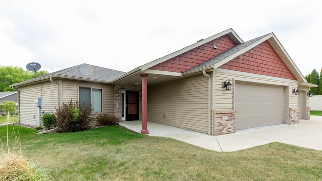 932 Oak Pond Ct, Sartell, MN 56377 - craftsman house featuring driveway, an attached garage, a front yard, brick siding, and a shingled roof