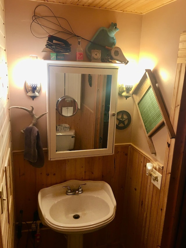 bathroom with wooden walls, toilet, and sink