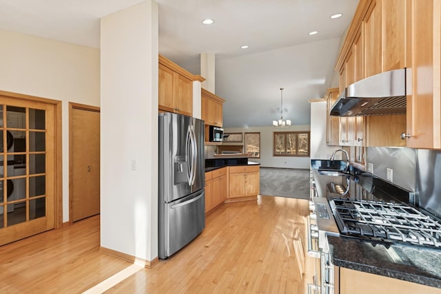 kitchen featuring an inviting chandelier, appliances with stainless steel finishes, light wood-style floors, a sink, and under cabinet range hood