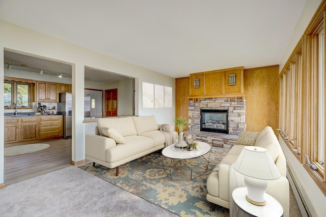 living room featuring a baseboard radiator, track lighting, light carpet, a fireplace, and light wood-style flooring