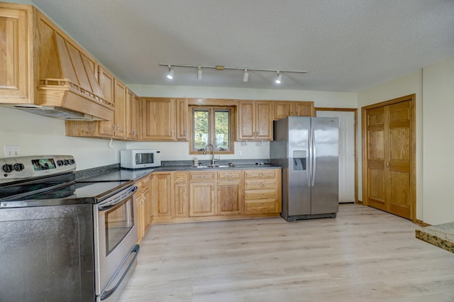 kitchen featuring dark countertops, a sink, light wood-type flooring, premium range hood, and appliances with stainless steel finishes