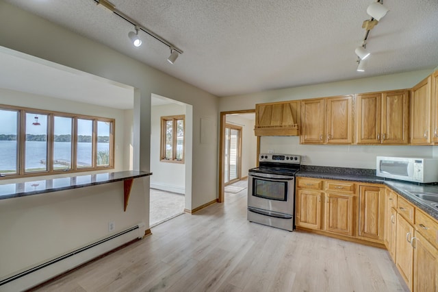 kitchen with white microwave, light wood-style floors, baseboard heating, rail lighting, and electric stove