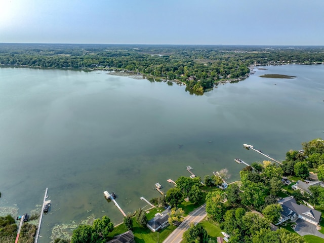bird's eye view with a forest view and a water view