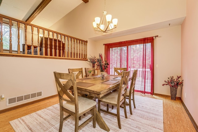 6645 Lancaster Ln N, Maple Grove, MN 55369 - dining room featuring light wood finished floors, a chandelier, healthy amount of natural light, beamed ceiling, and high vaulted ceiling