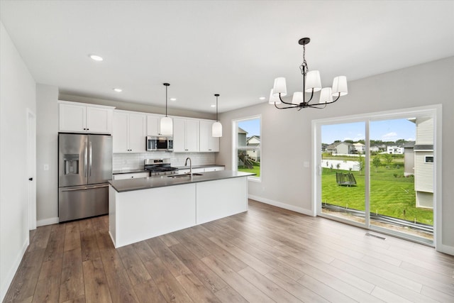 kitchen with white cabinetry, hanging light fixtures, appliances with stainless steel finishes, an island with sink, and backsplash