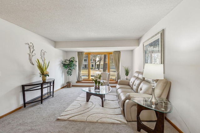 carpeted living room with a textured ceiling