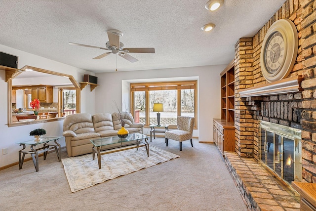 living room with light colored carpet, a healthy amount of sunlight, and a brick fireplace