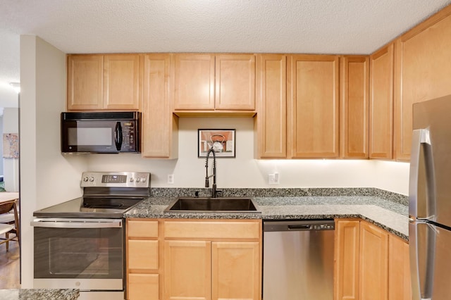 kitchen featuring stainless steel appliances, light brown cabinets, and a sink