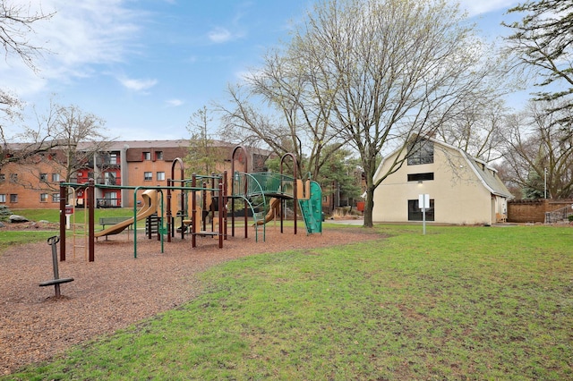 view of play area featuring a lawn