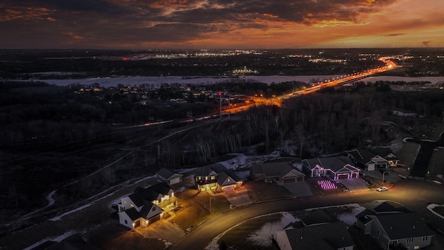 view of aerial view at dusk