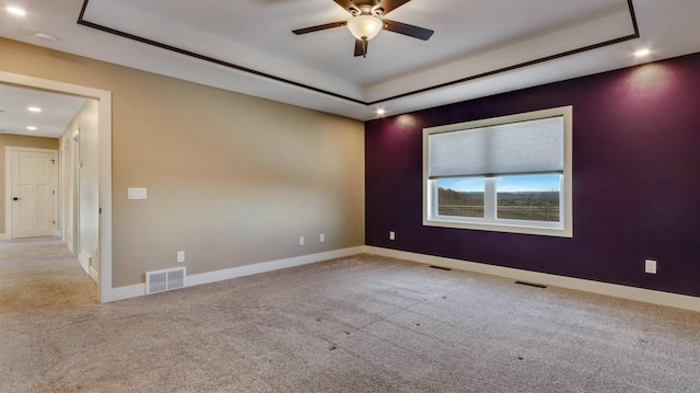 empty room featuring a raised ceiling and light colored carpet