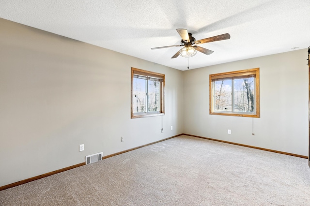 spare room featuring carpet floors, a textured ceiling, a wealth of natural light, and ceiling fan