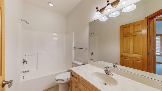 bathroom featuring vanity, shower / bathing tub combination, tile patterned floors, and toilet