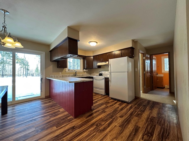 kitchen featuring dark hardwood / wood-style floors, sink, white appliances, and kitchen peninsula