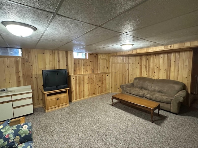 carpeted living room with sink, a paneled ceiling, and wooden walls