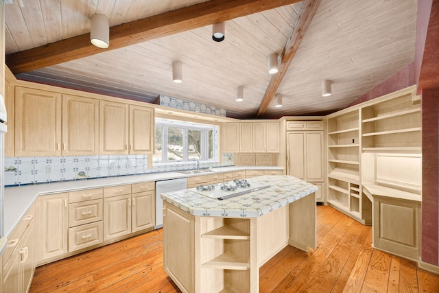 kitchen featuring tile countertops, open shelves, a kitchen island, light wood-type flooring, and white appliances