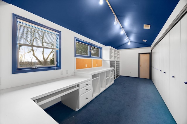 unfurnished office featuring dark carpet, rail lighting, and vaulted ceiling