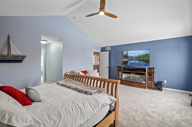 carpeted bedroom with high vaulted ceiling, visible vents, ceiling fan, and baseboards