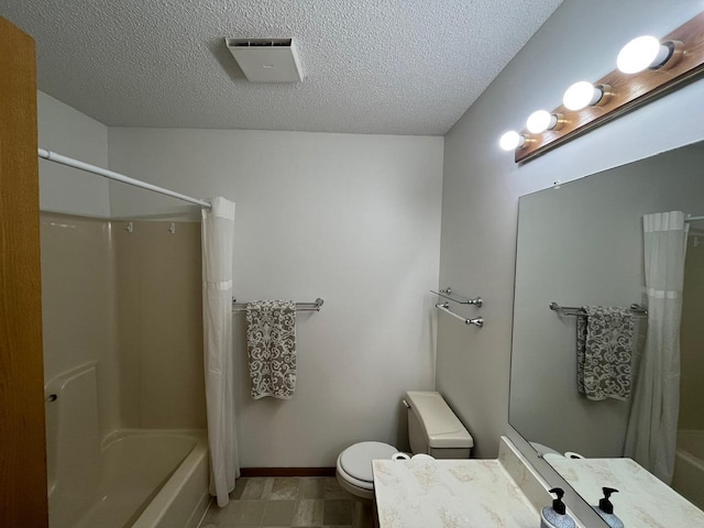 full bathroom featuring vanity, a textured ceiling, toilet, and shower / bathtub combination with curtain