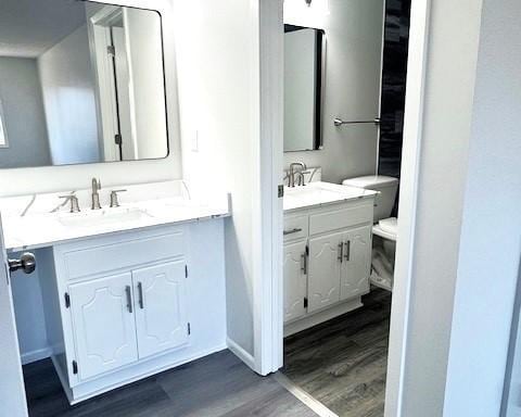 bathroom with vanity, wood-type flooring, and toilet